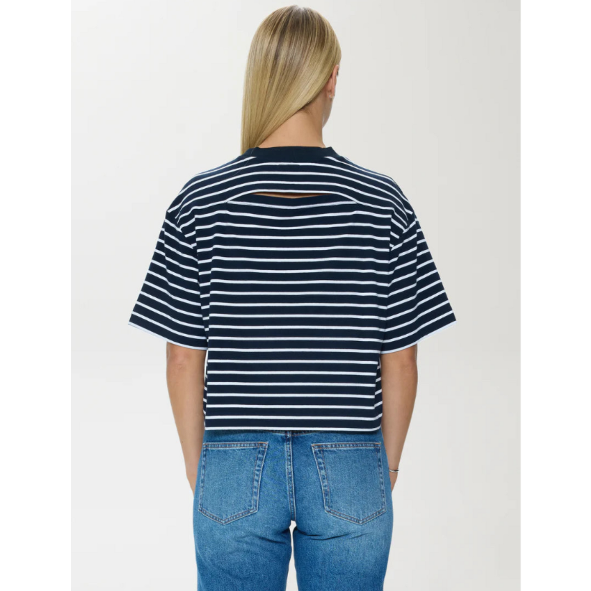 Mae Cropped Tee - Navy White Stripe