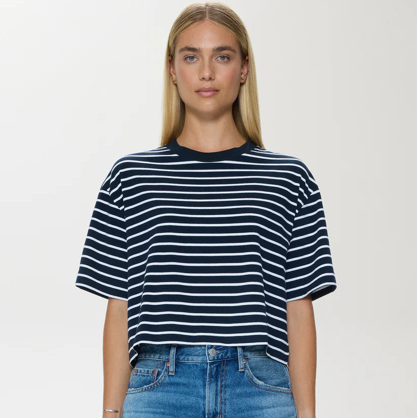 Mae Cropped Tee - Navy White Stripe