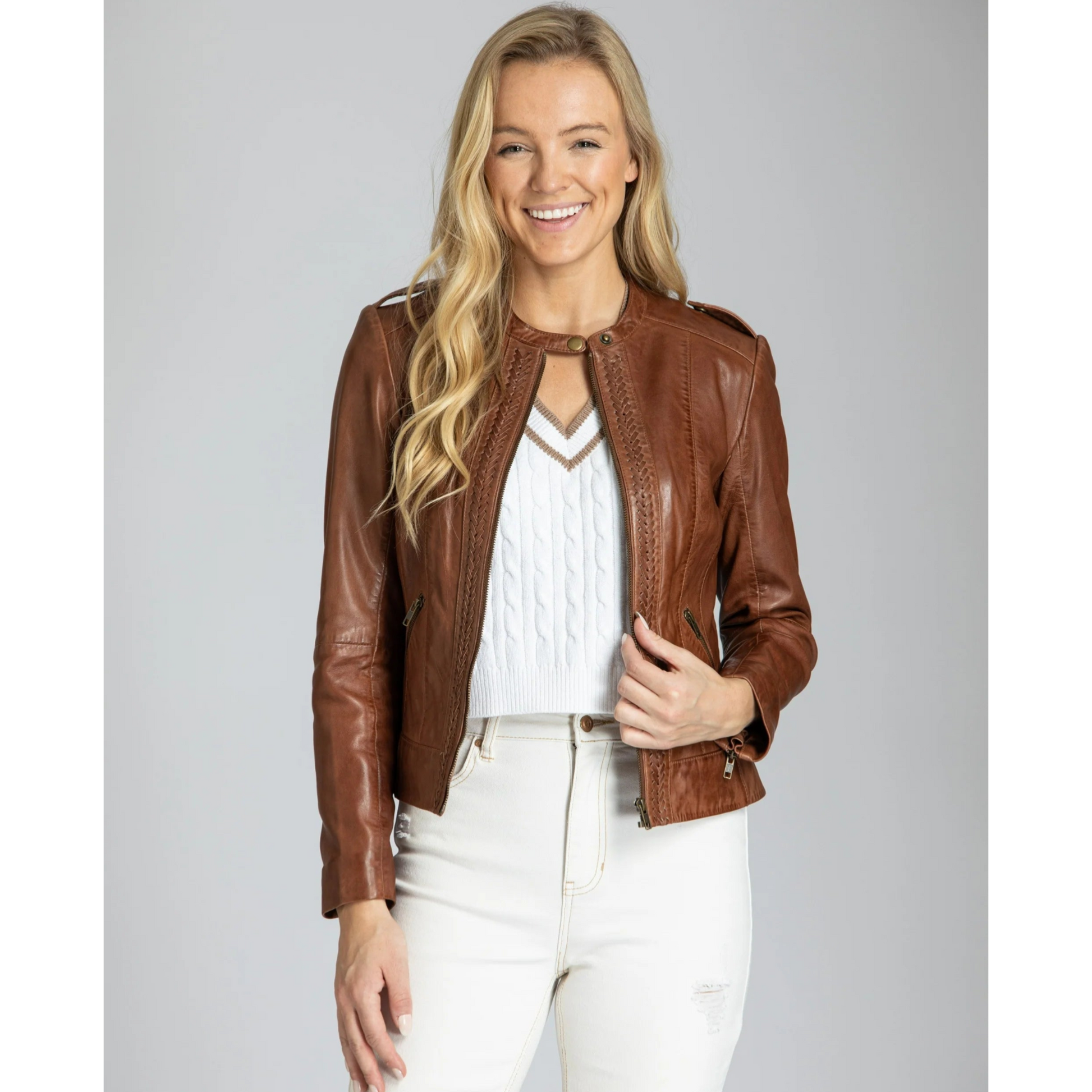 Classic Zip Front Jacket w/ Braided Detail - Cognac