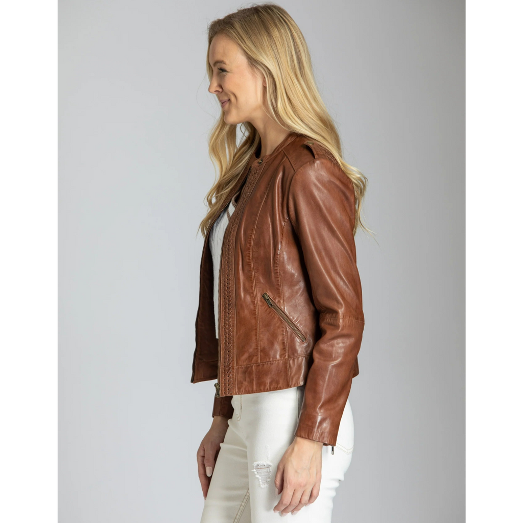 Classic Zip Front Jacket w/ Braided Detail - Cognac