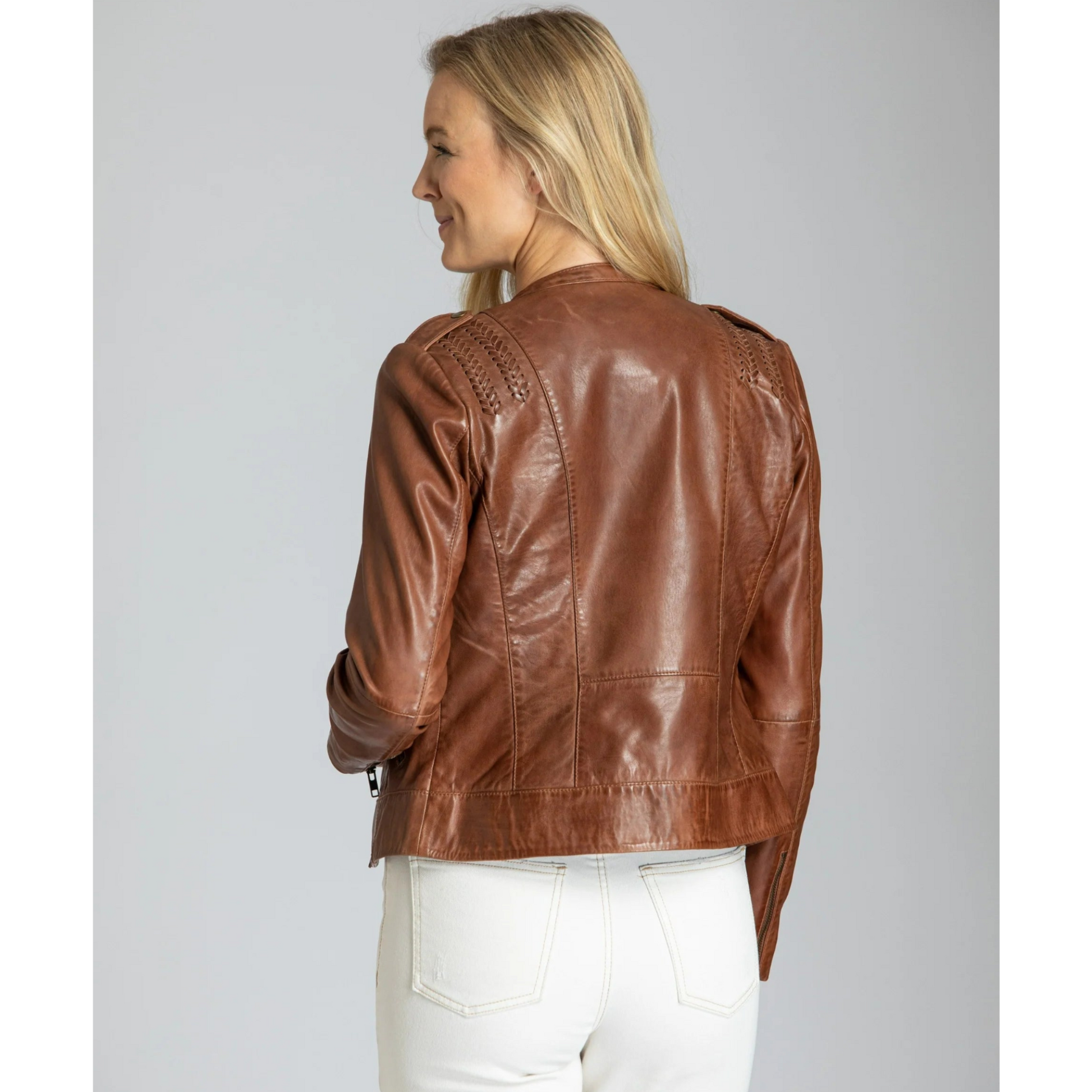 Classic Zip Front Jacket w/ Braided Detail - Cognac