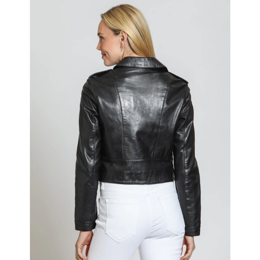 Cropped Washed & Waxed Leather Jacket - Black