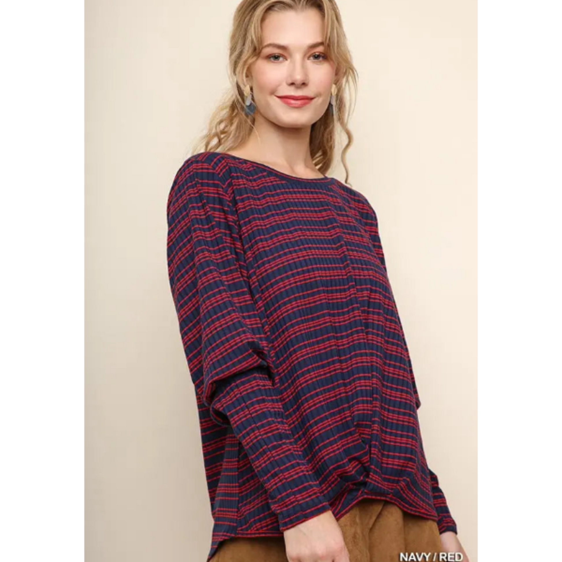 Striped Long Puff Sleeve Top with a Gathered Front - Navy Red
