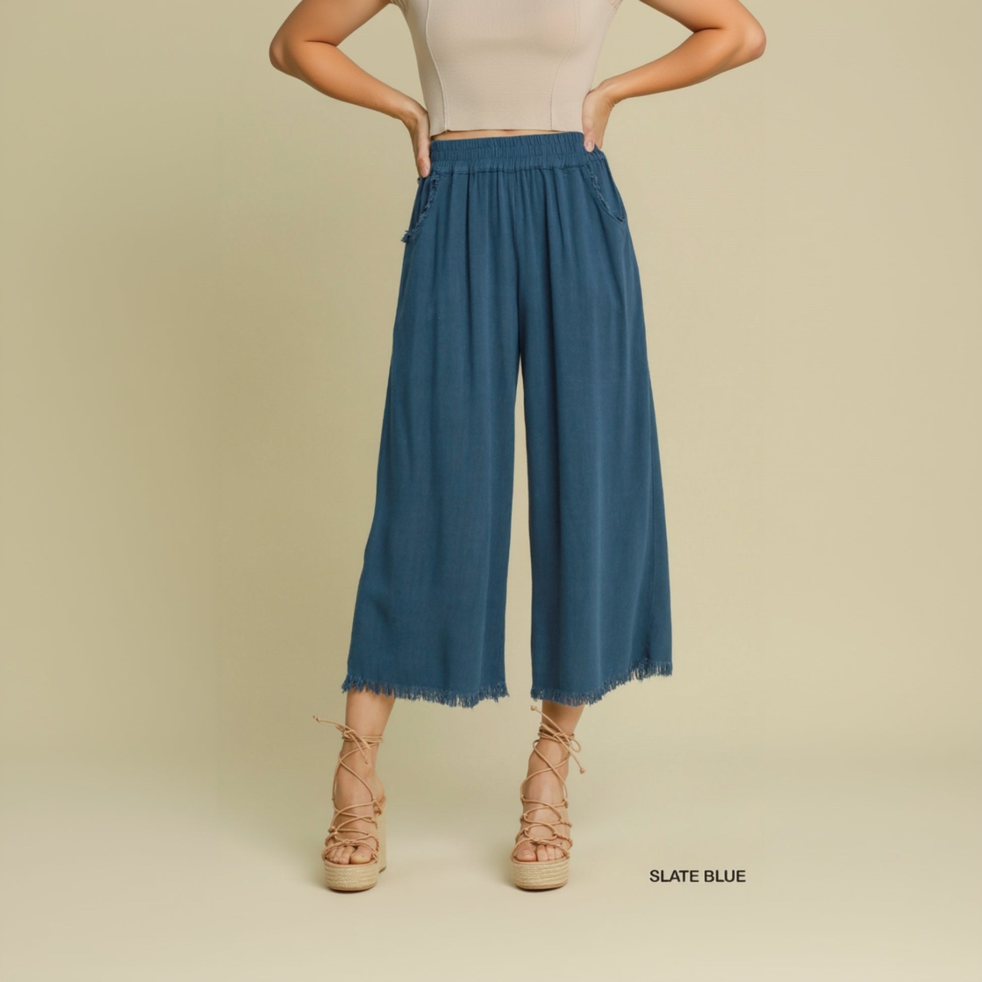 Frayed Hem Wide-Leg Pants - Slate Blue