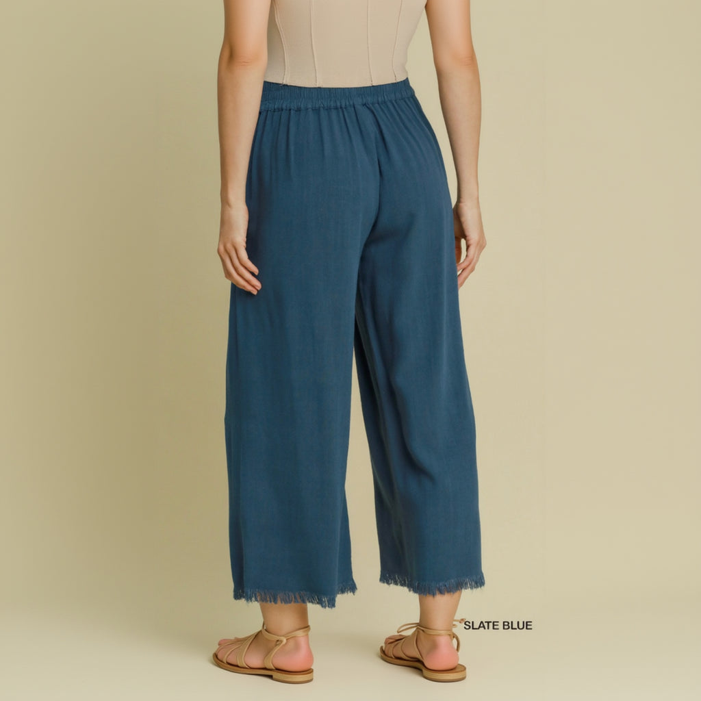 Frayed Hem Wide-Leg Pants - Slate Blue