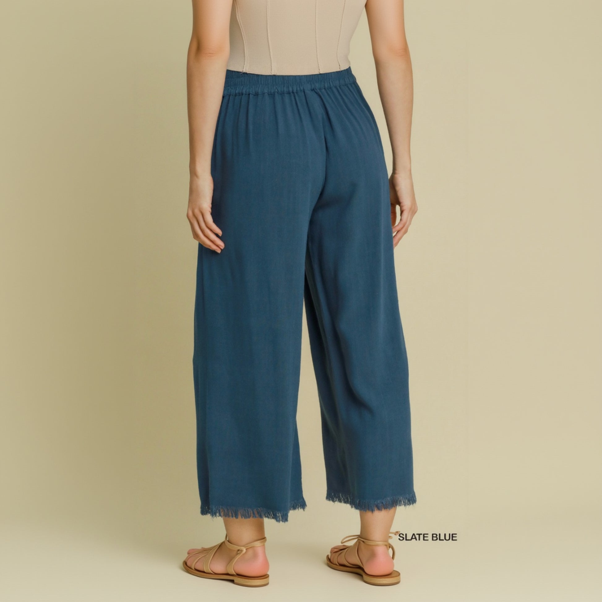 Frayed Hem Wide-Leg Pants - Slate Blue