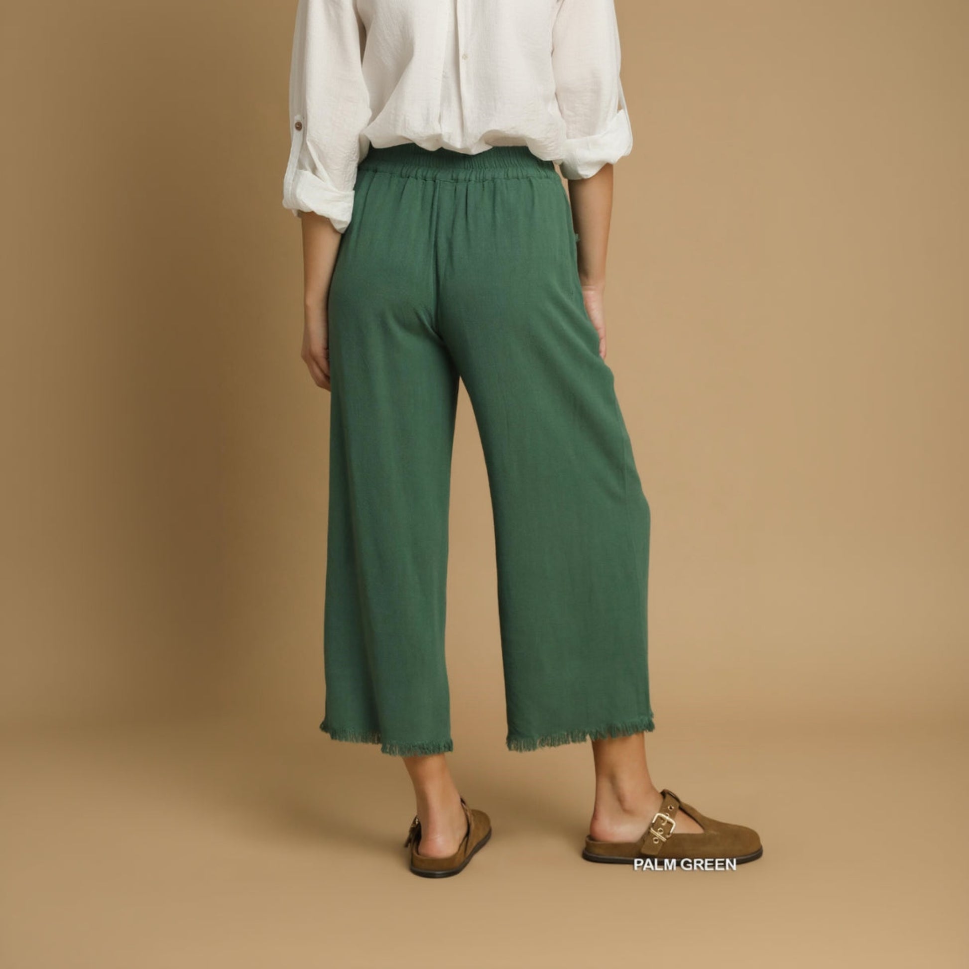 Frayed Hem Wide-Leg Pants - Palm Green