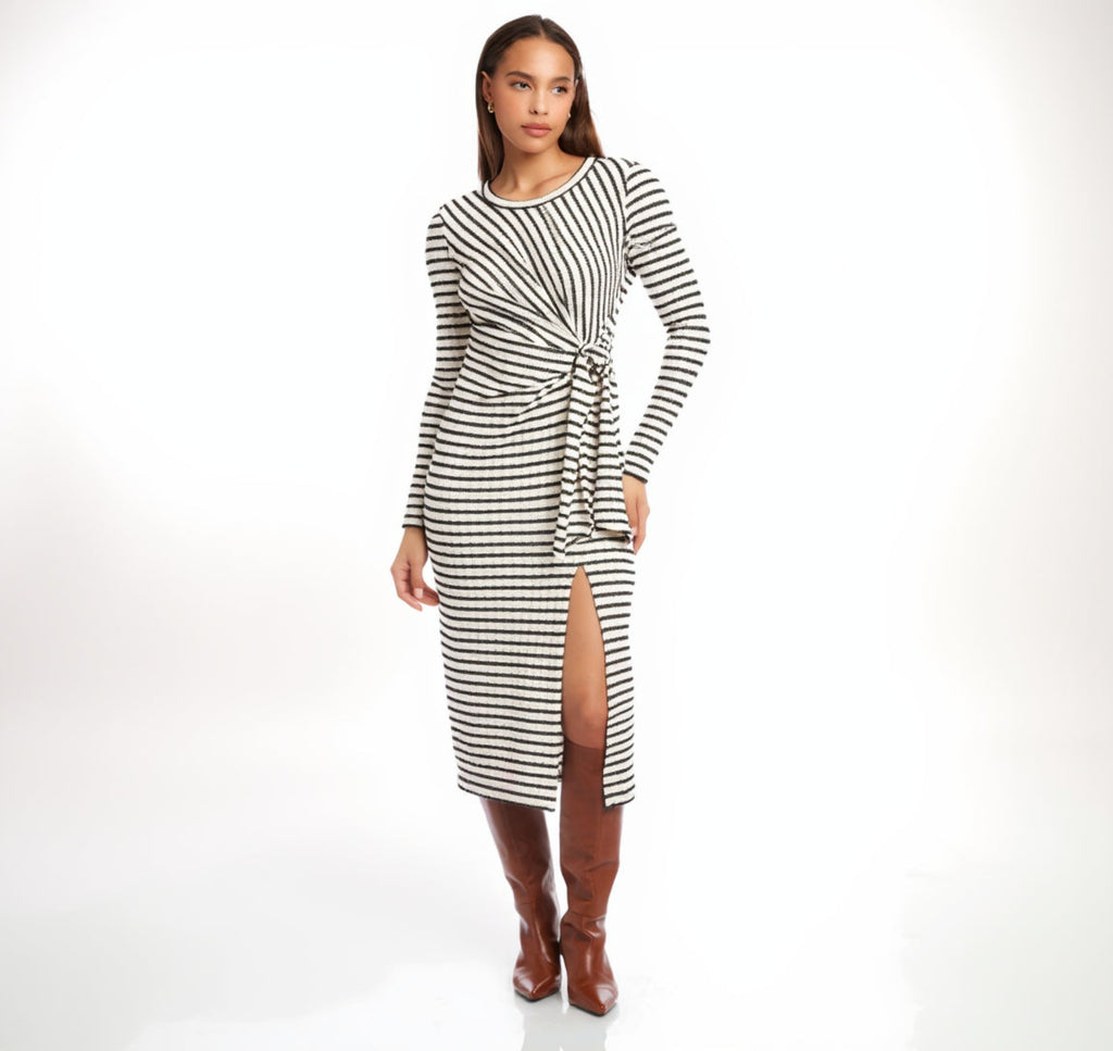 Maddie Long Sleeve Midi Dress w/ Tie Stripe