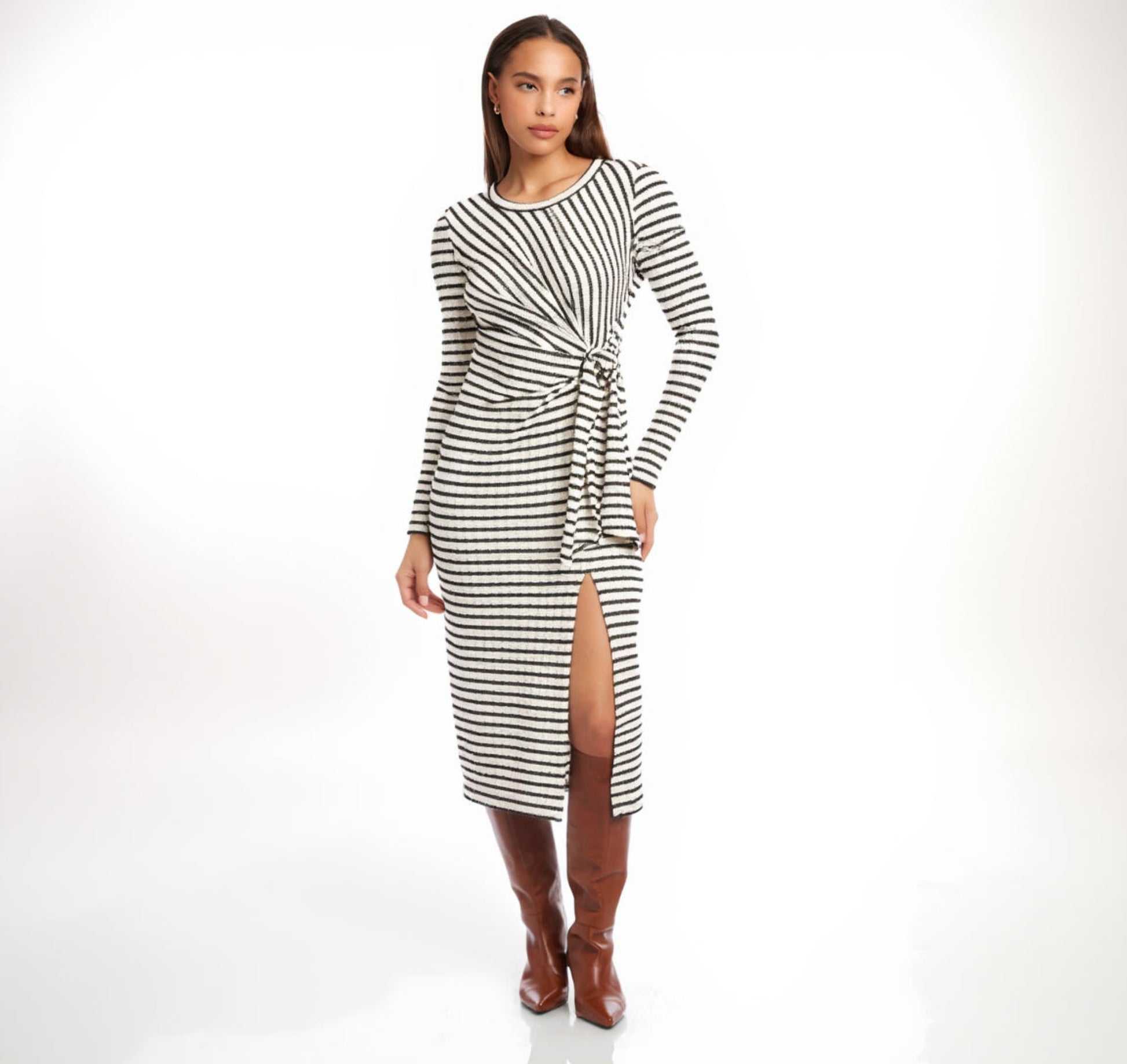 Maddie Long Sleeve Midi Dress w/ Tie Stripe