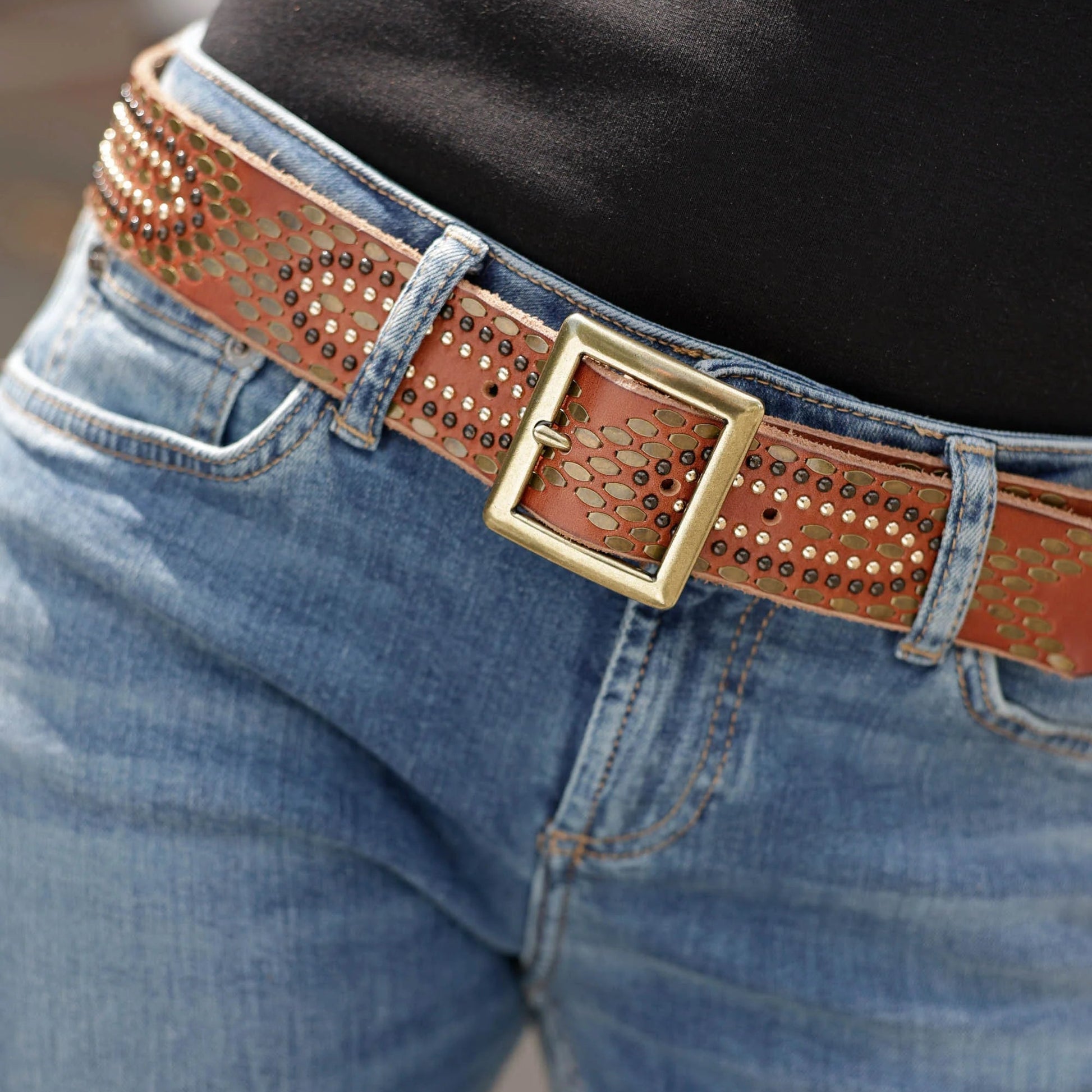 Daya Studded Leather Belt Cognac
