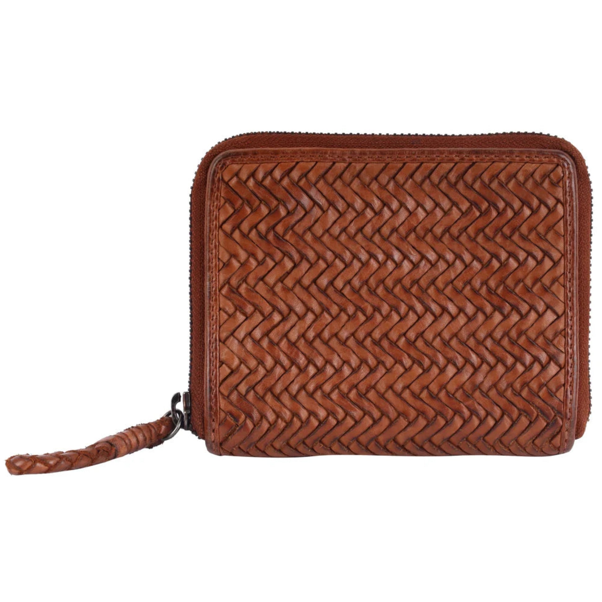 Skye Woven Leather Medium Zip Wallet - Cognac