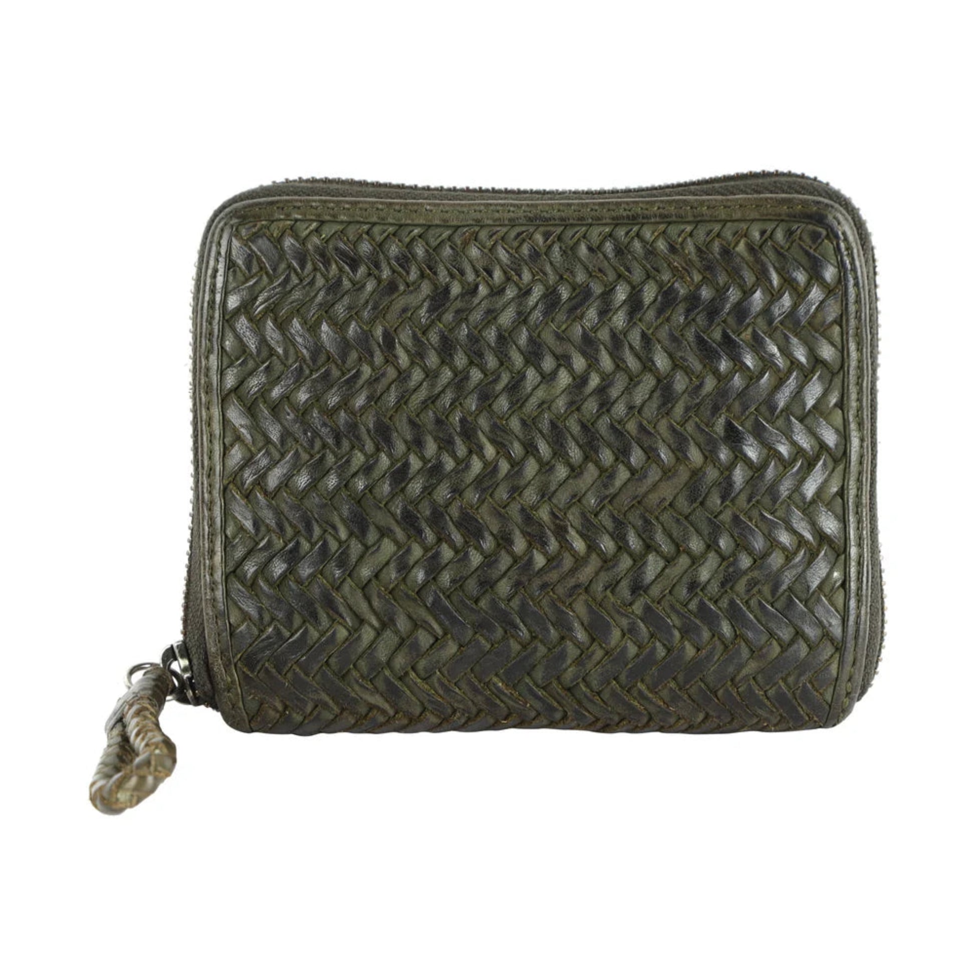 Skye Woven Leather Medium Zip Wallet - Olive