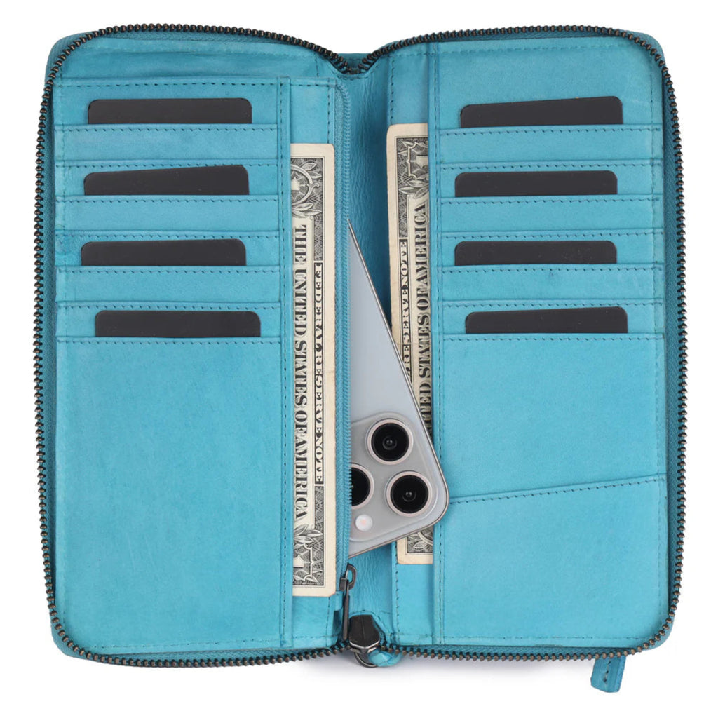 Talulah Woven Leather Large Zipper Wallet - Turquoise