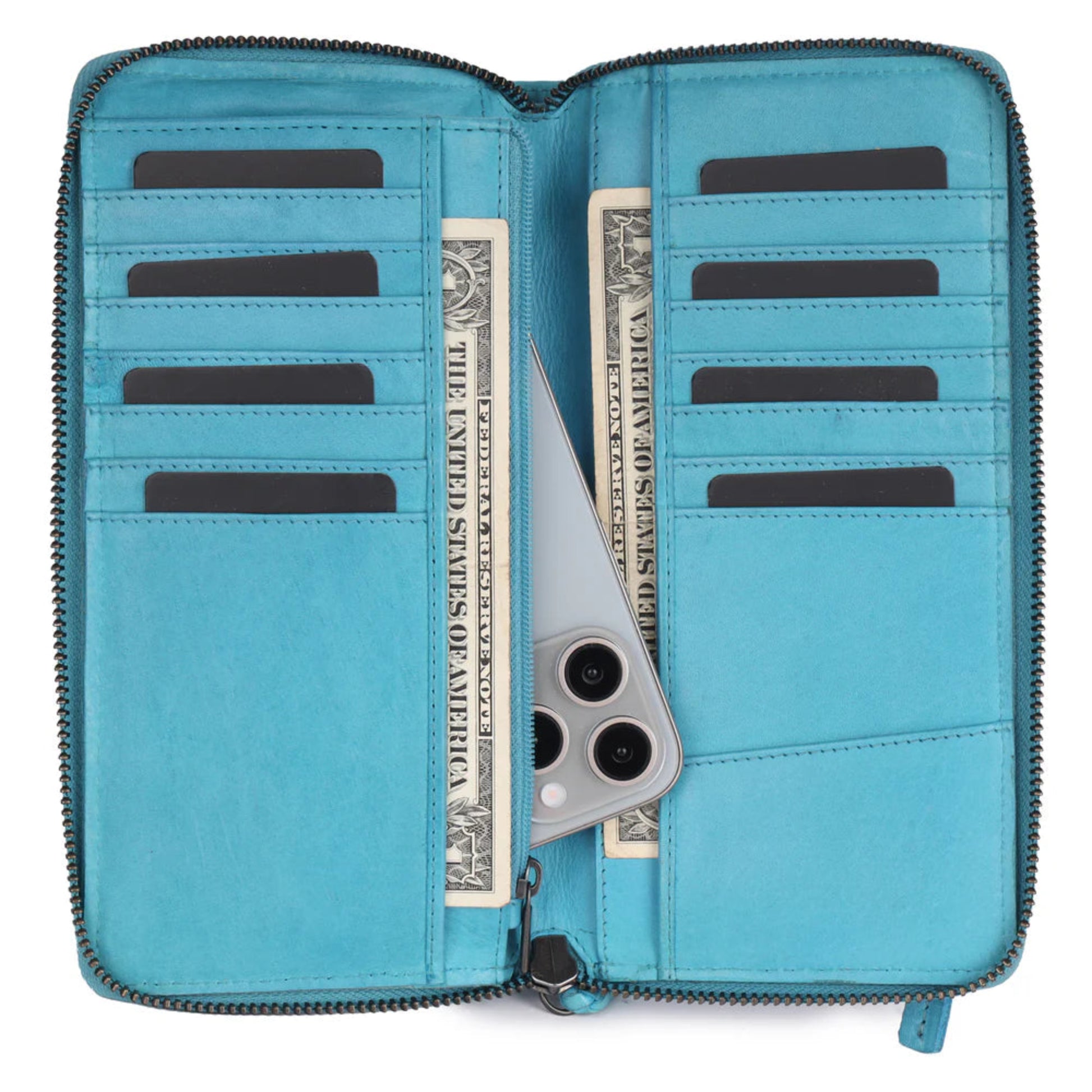 Talulah Woven Leather Large Zipper Wallet - Turquoise