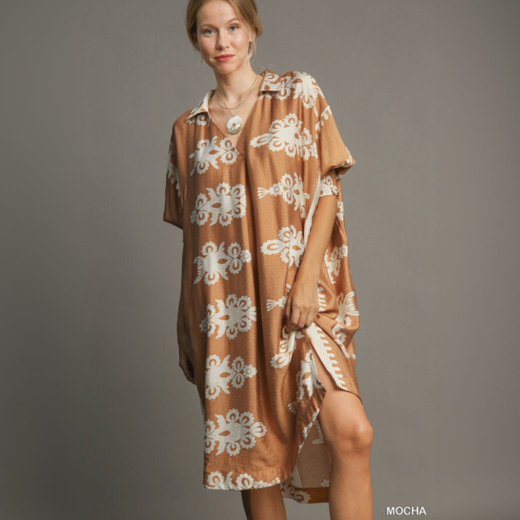 Abstract Print Midi Dress - Mocha