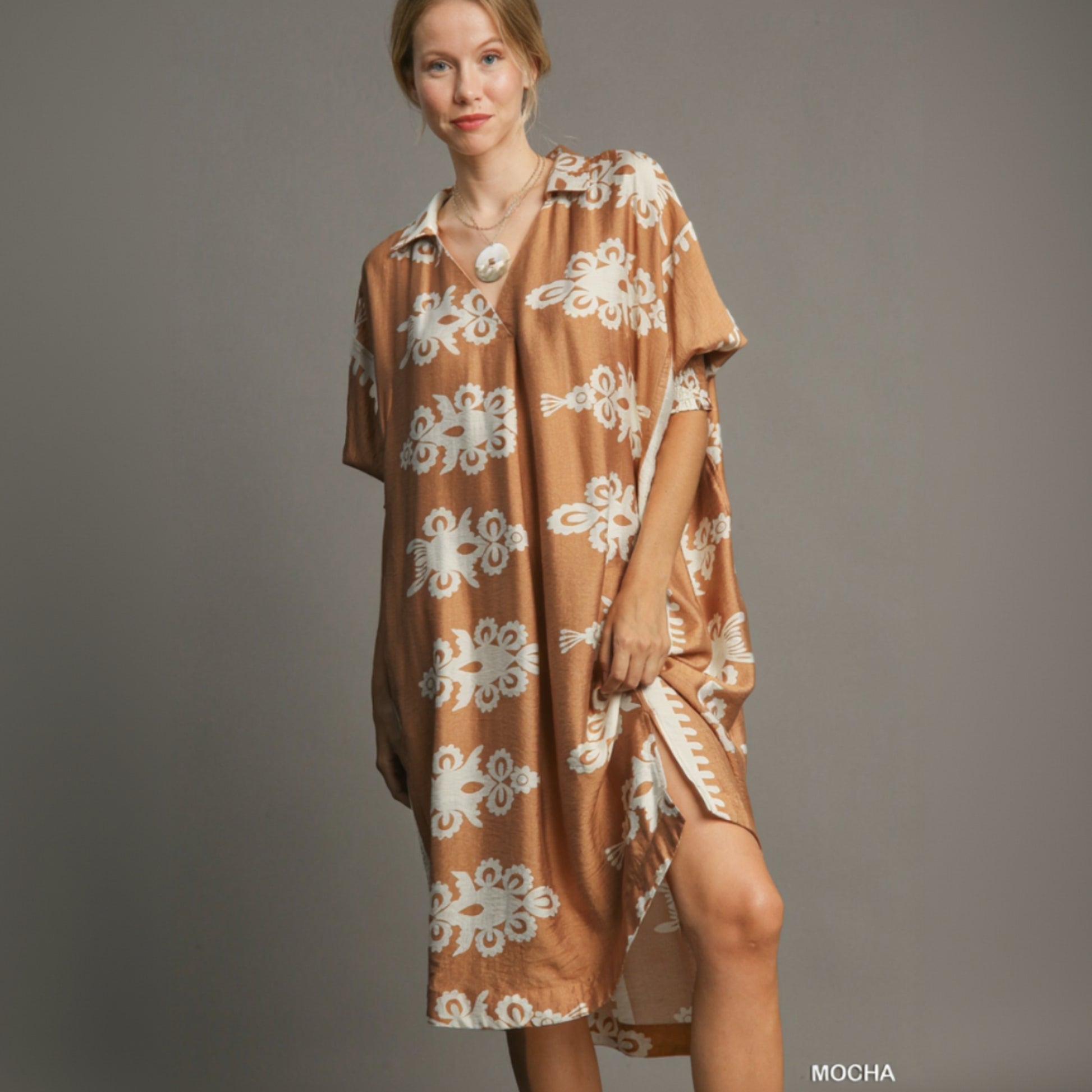 Abstract Print Midi Dress - Mocha