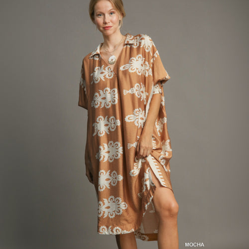 Abstract Print Midi Dress - Mocha