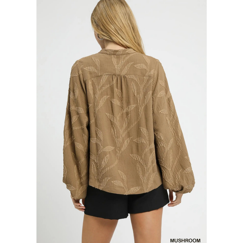 Textured Jacquard V-Neck Top - Mushroom