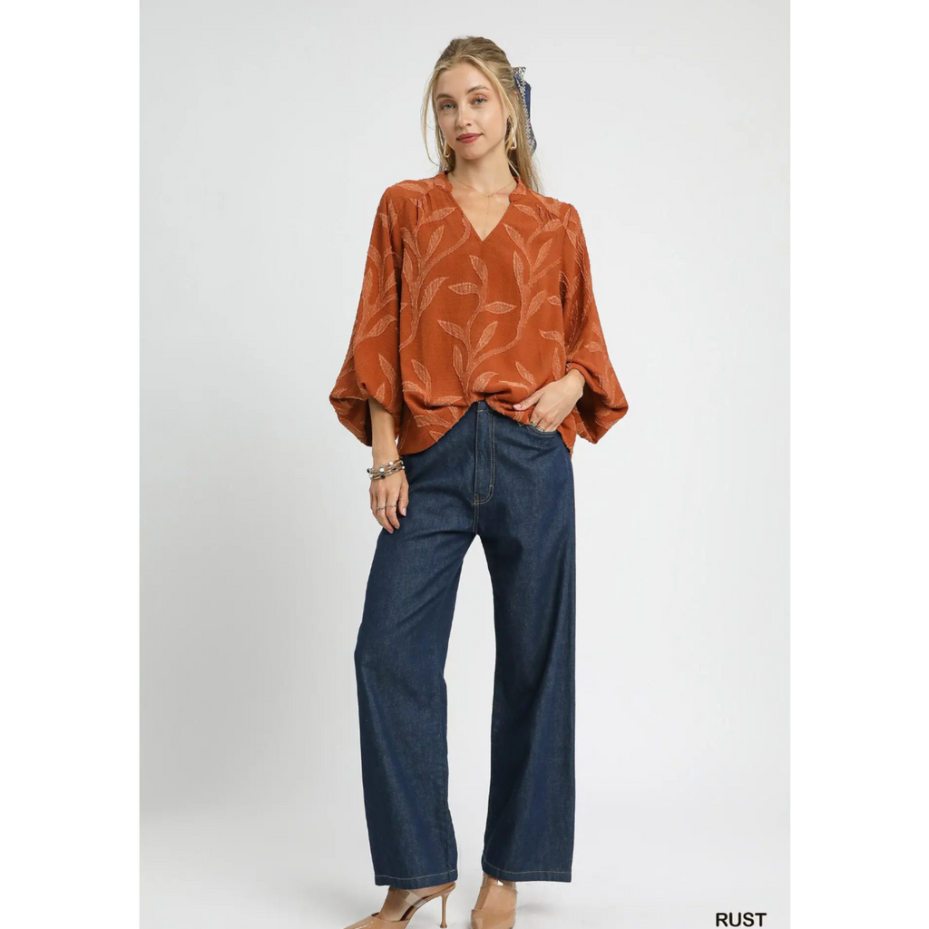Textured Jacquard V-Neck Top - Rust