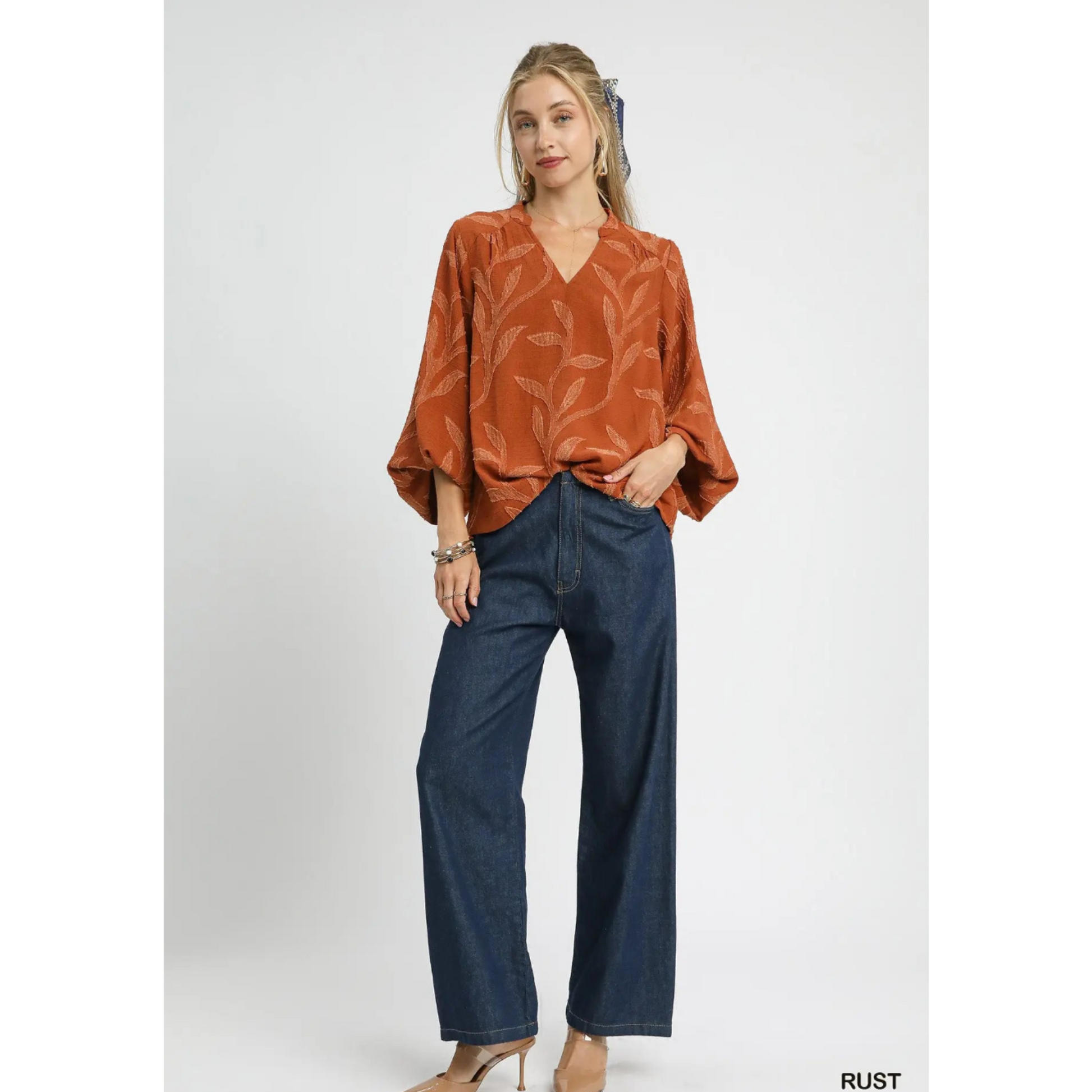 Textured Jacquard V-Neck Top - Rust