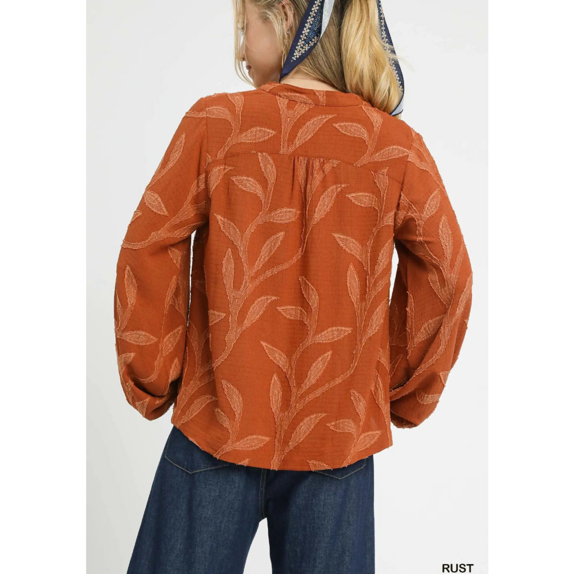 Textured Jacquard V-Neck Top - Rust