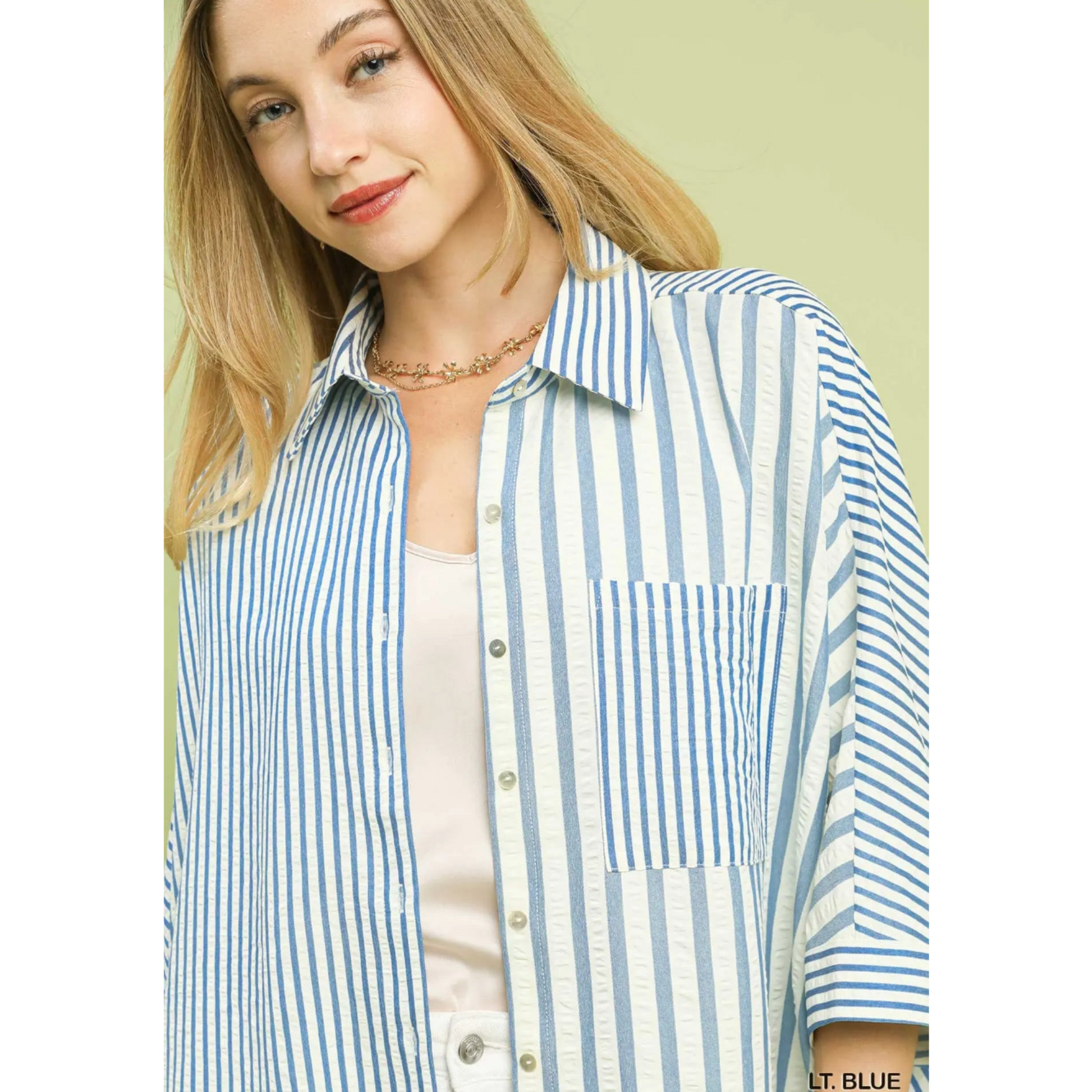 Mixed Striped Oversized Button Down Top - Light Blue