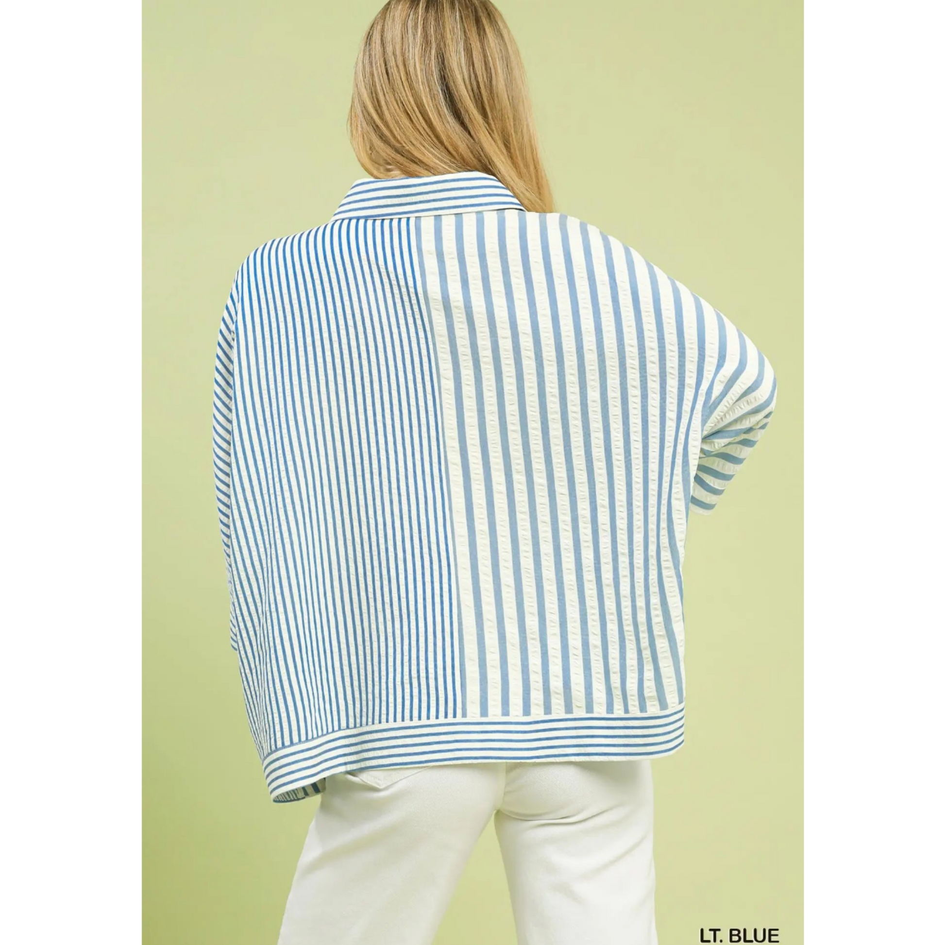 Mixed Striped Oversized Button Down Top - Light Blue