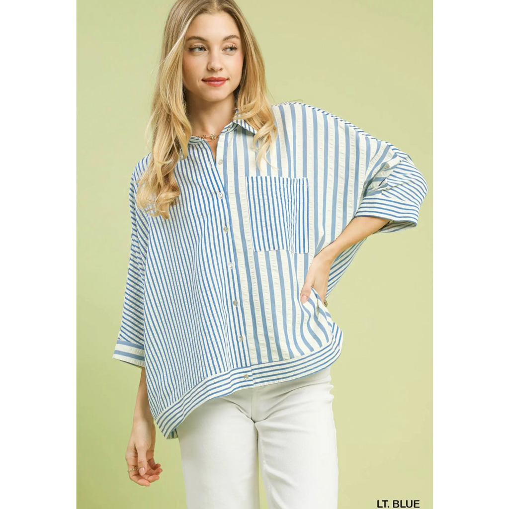 Mixed Striped Oversized Button Down Top - Light Blue