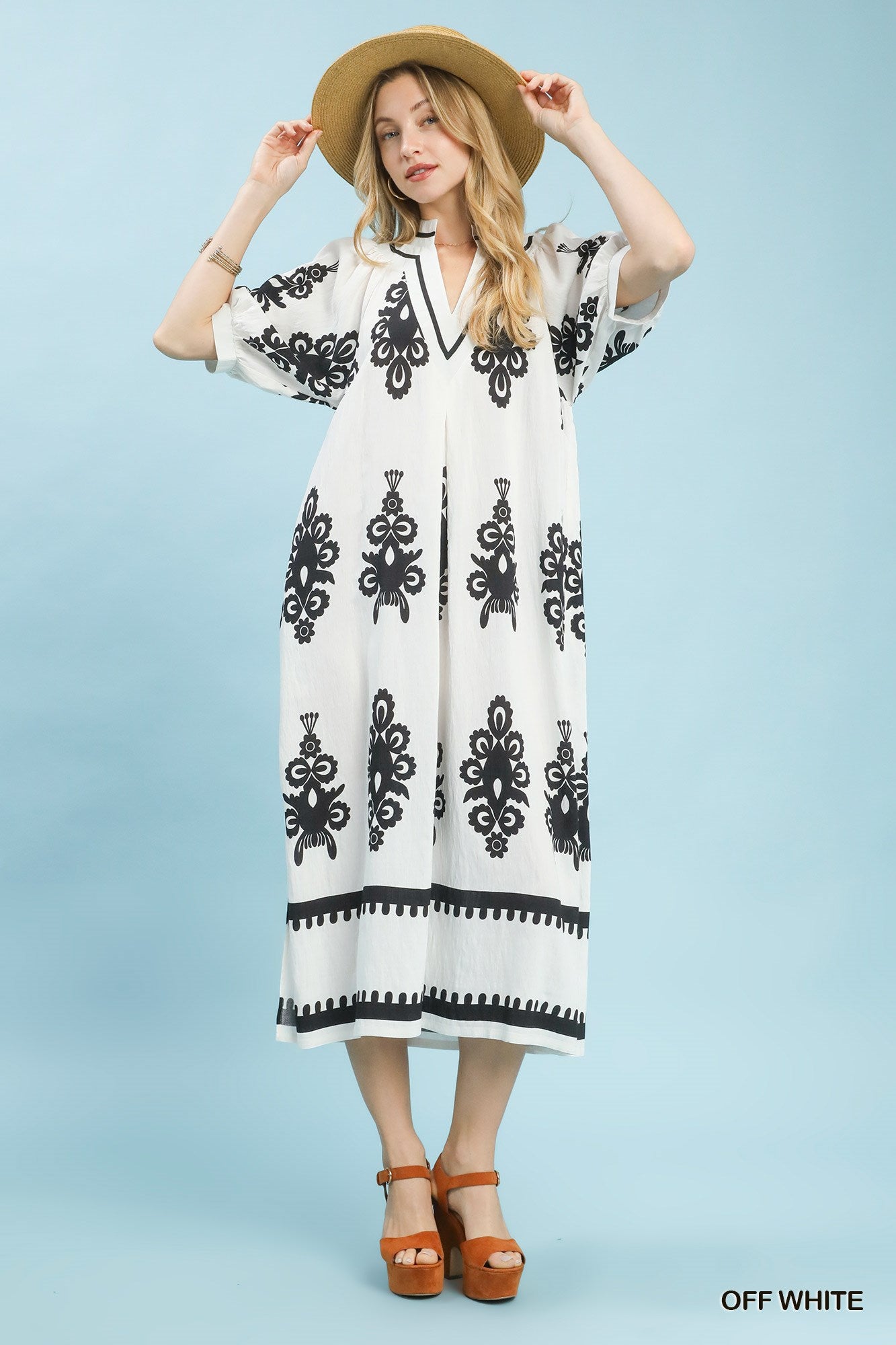 Two Tone Border Print Midi Dress - Off White