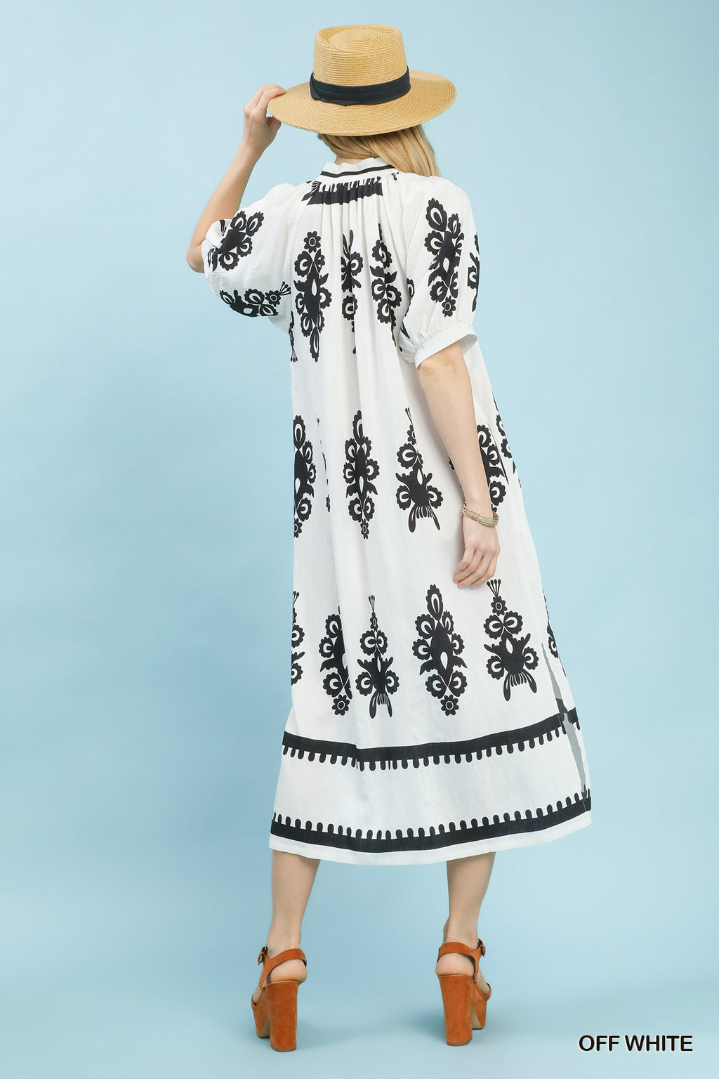 Two Tone Border Print Midi Dress - Off White