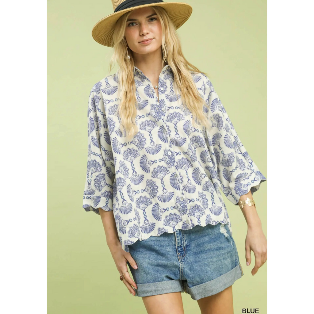 Printed Button Down Shirt - Blue