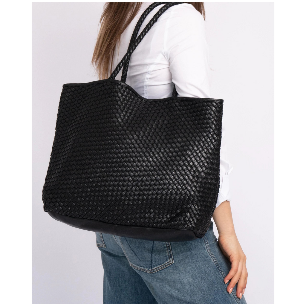 Taylor Woven Leather Tote Bag Black
