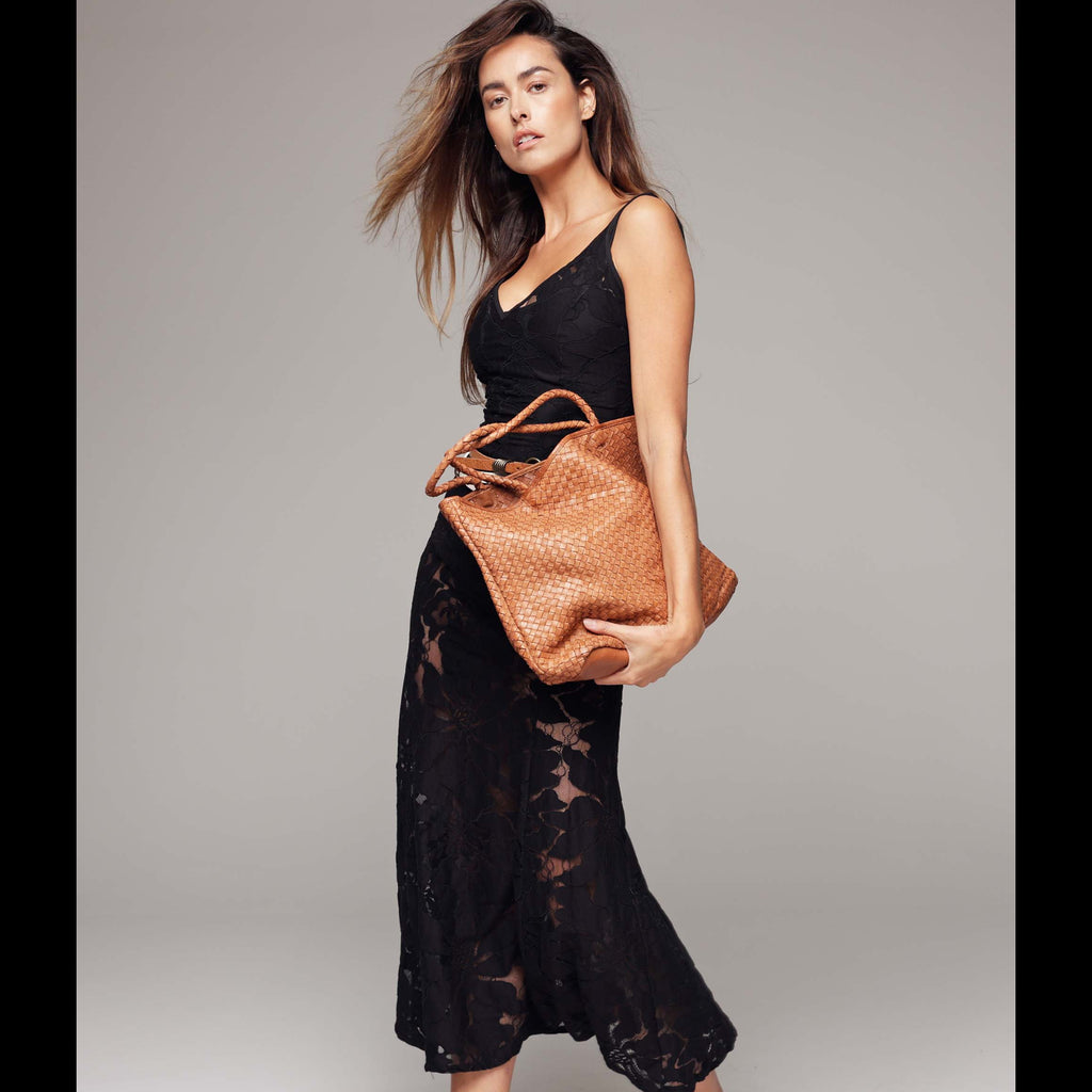 Taylor Woven Leather Tote Bag Camel