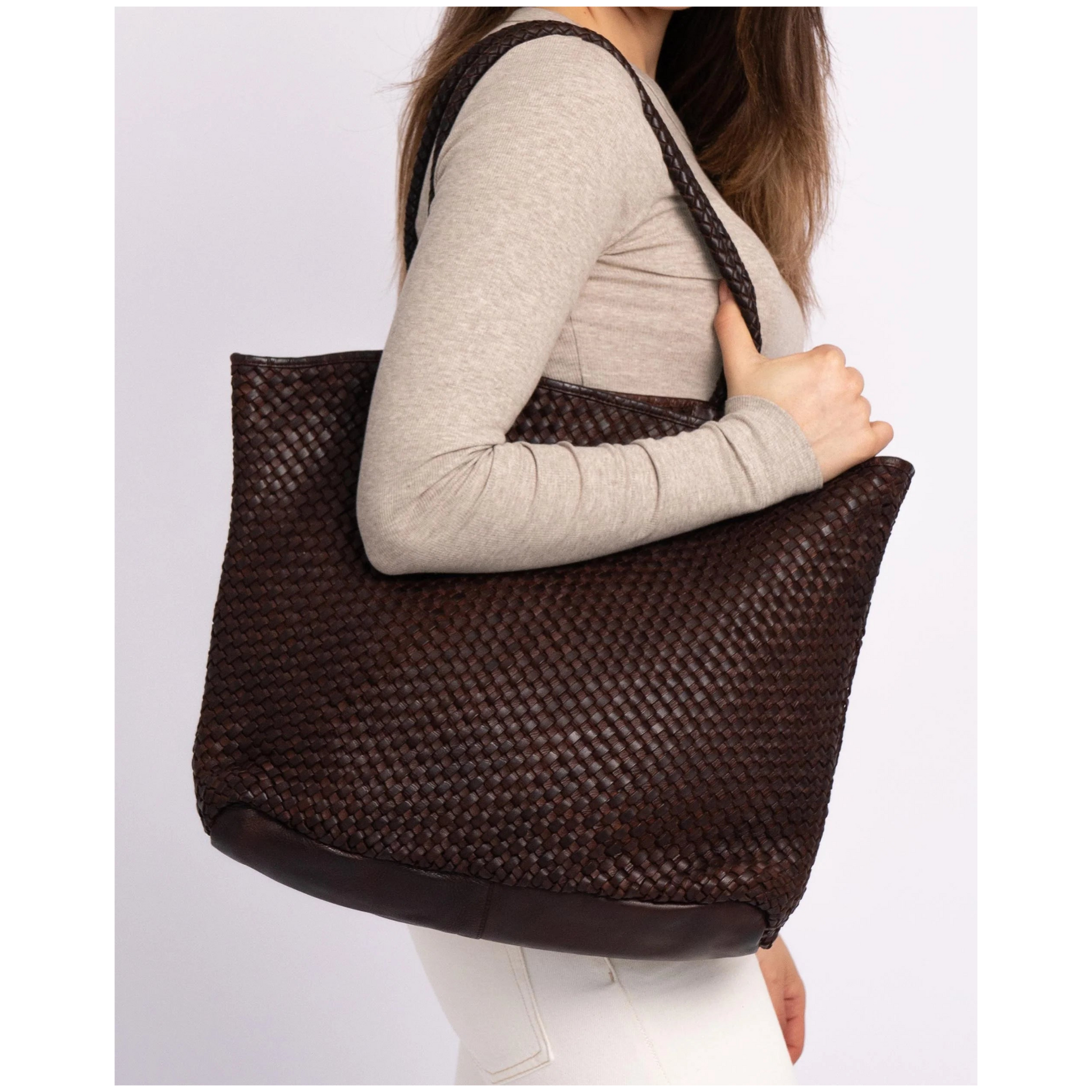 Taylor Woven Leather Tote Bag Brown