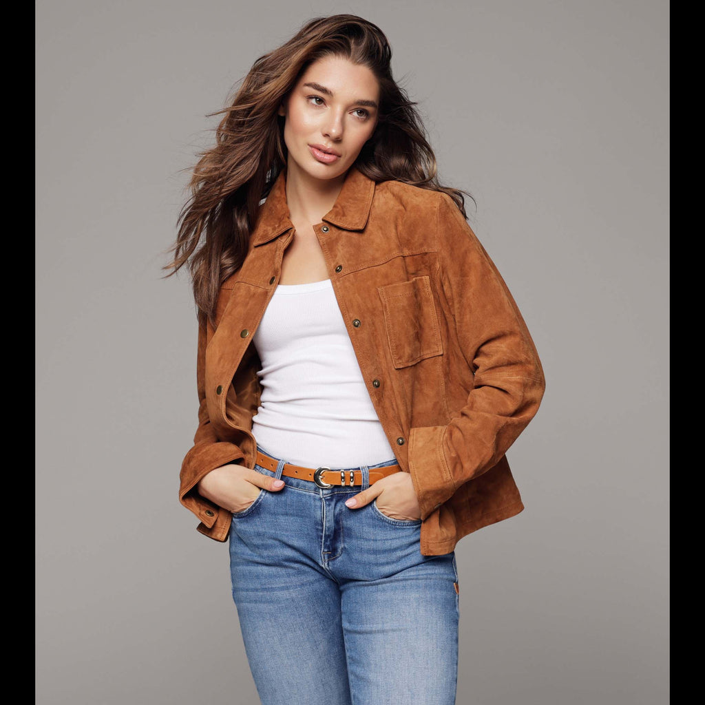 Dakota Cognac Suede Leather Shirt Jacket