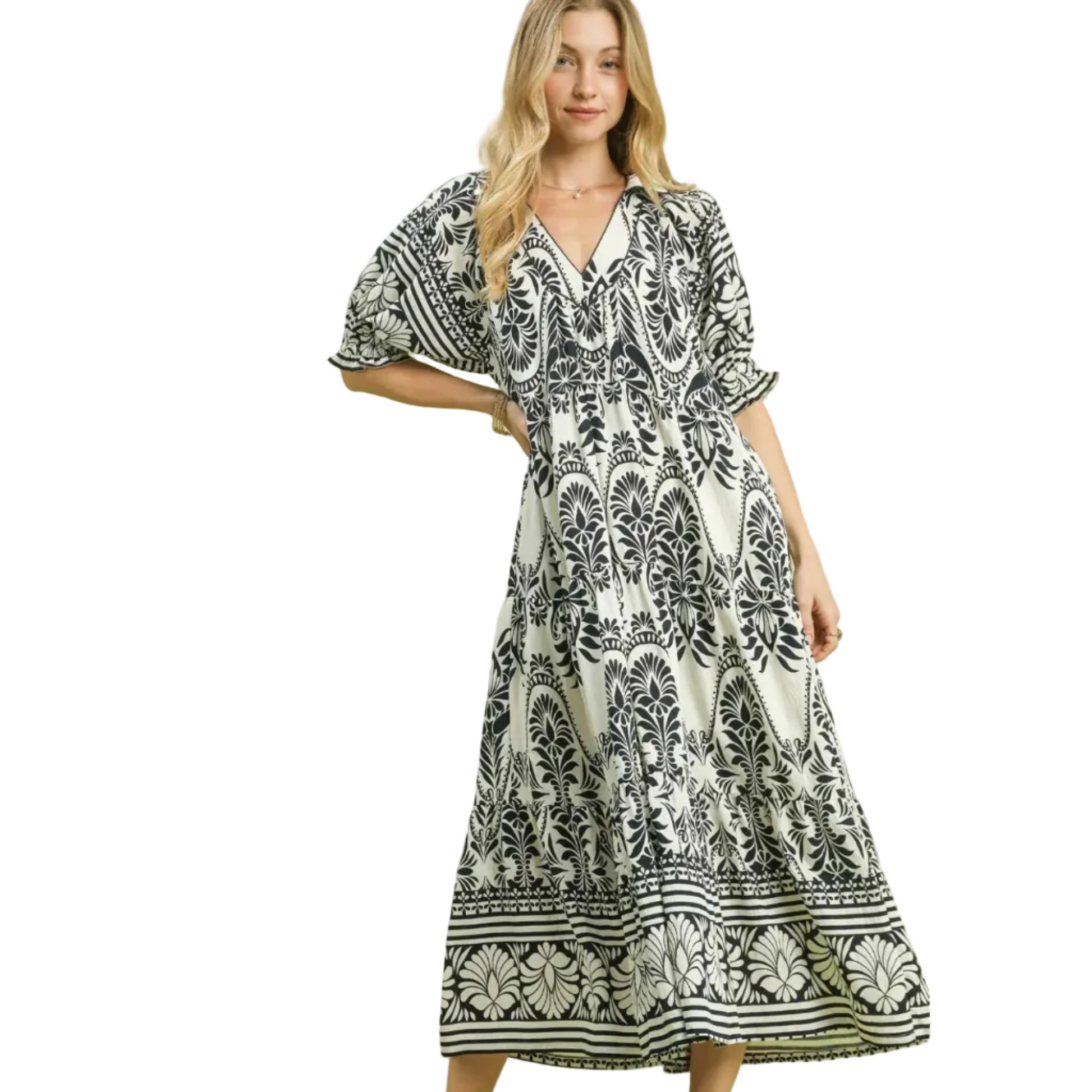 Two Tone Border Print Midi Dress - Cream