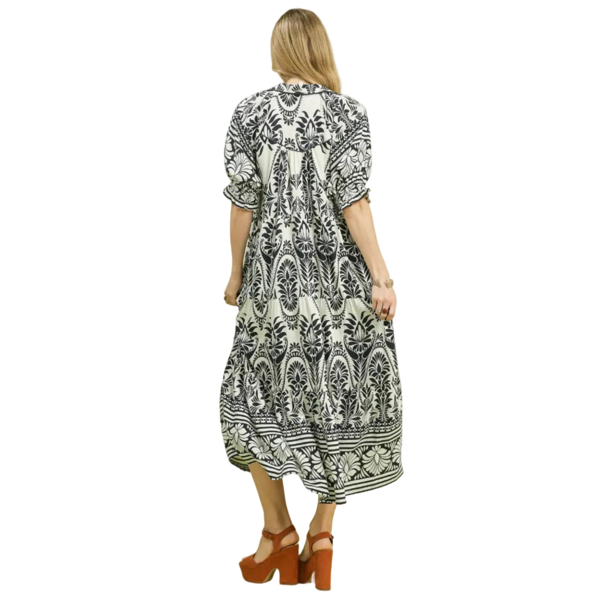 Two Tone Border Print Midi Dress - Cream