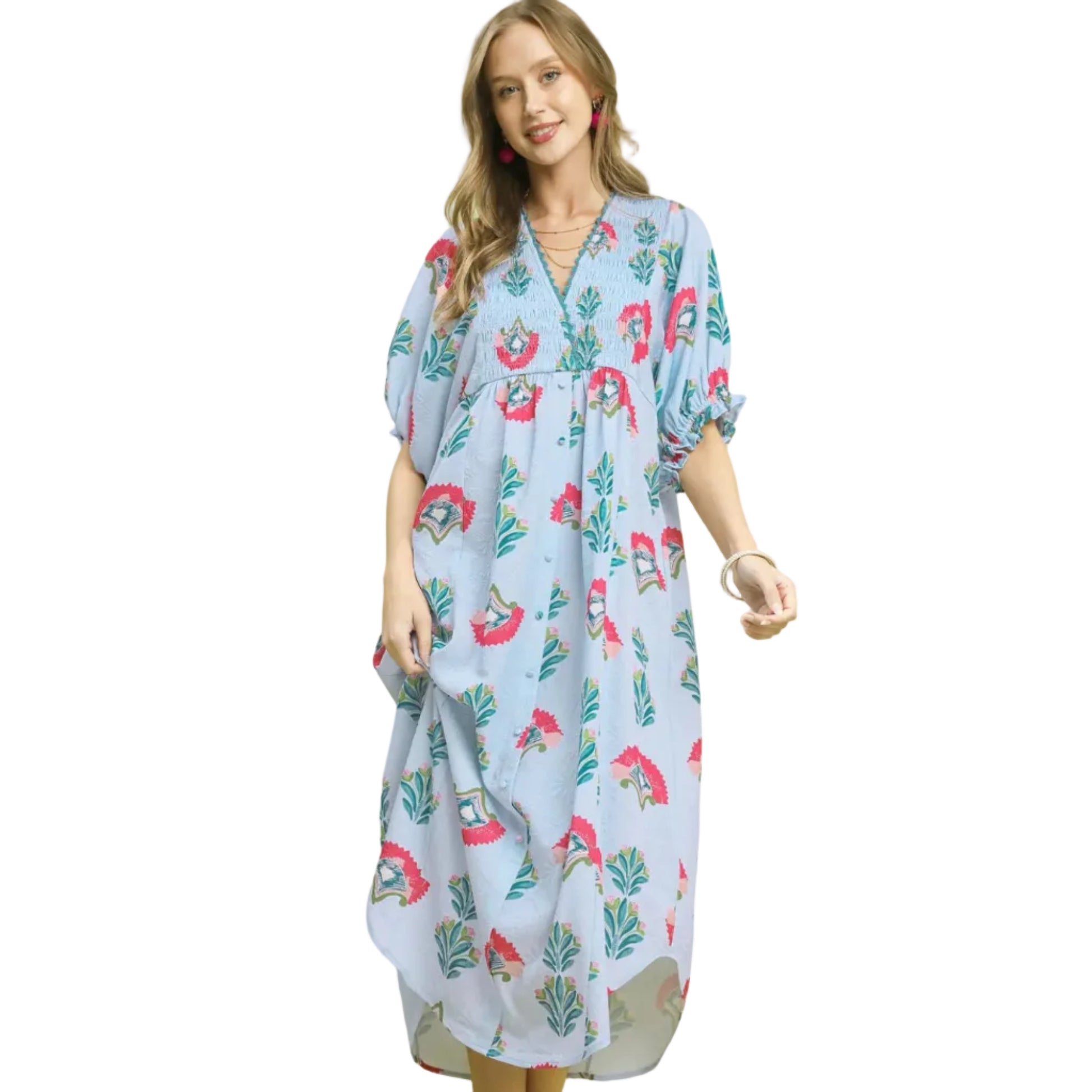 Abstract Print V-Neck Midi Dress - Blue