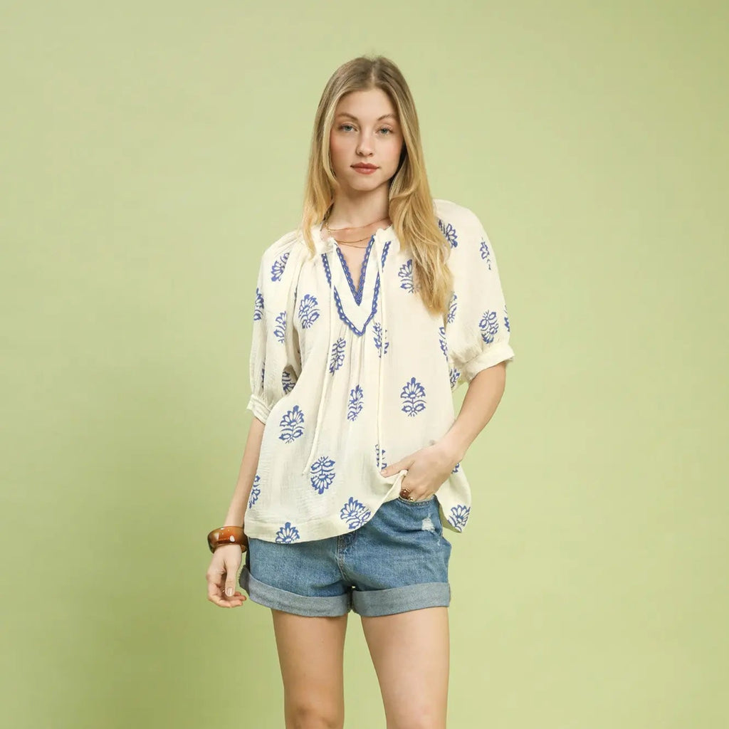 Floral Print Gauze Top - Blue