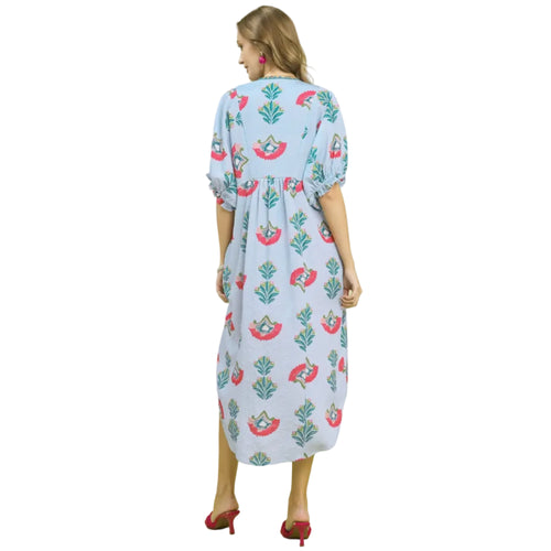 Abstract Print V-Neck Midi Dress - Blue