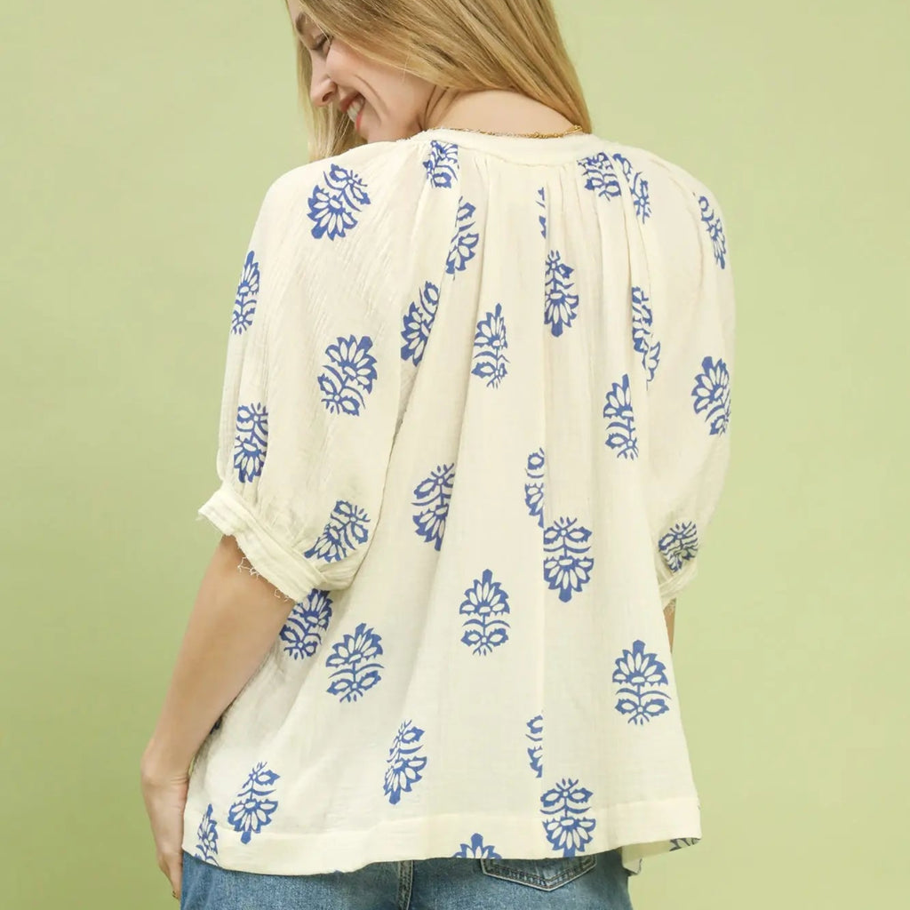 Floral Print Gauze Top - Blue