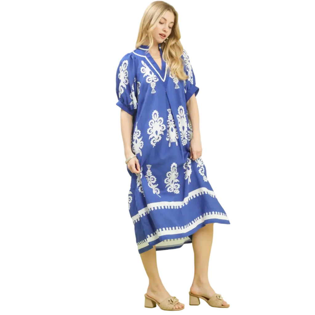 Two Tone Border Print Midi Dress - Cobalt