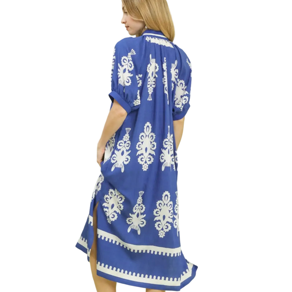 Two Tone Border Print Midi Dress - Cobalt
