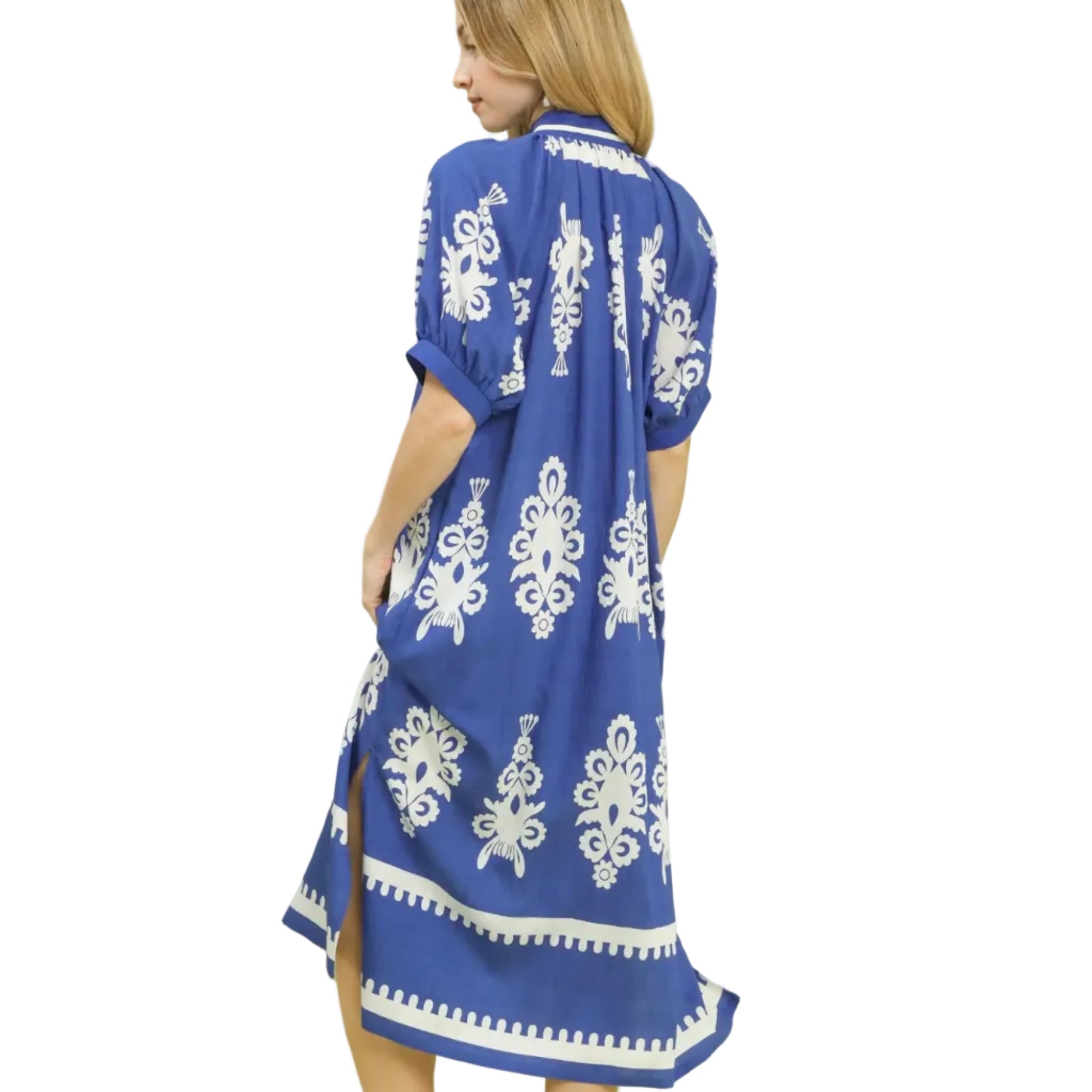 Two Tone Border Print Midi Dress - Cobalt