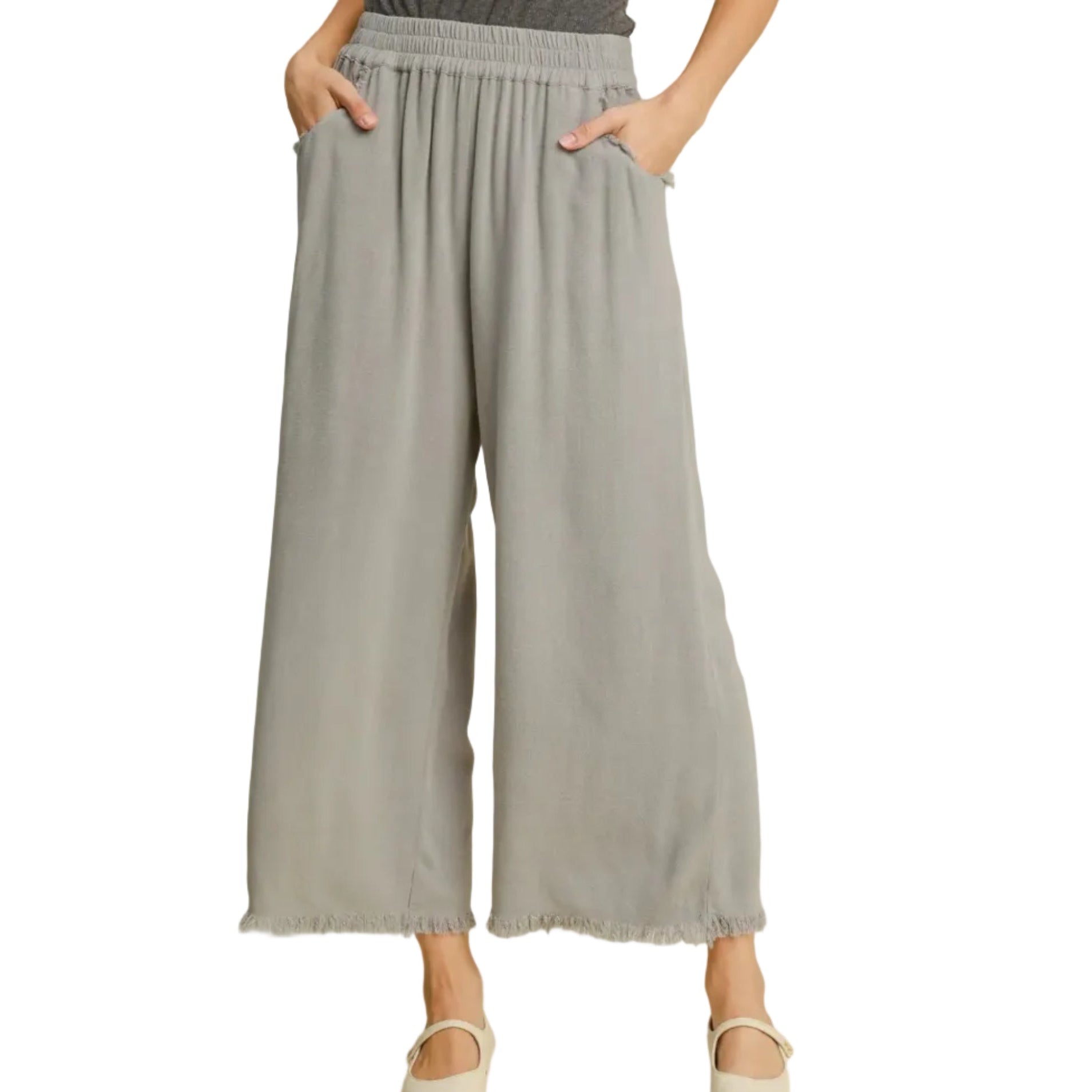 Frayed Hem Wide-Leg Pants - Cool Grey