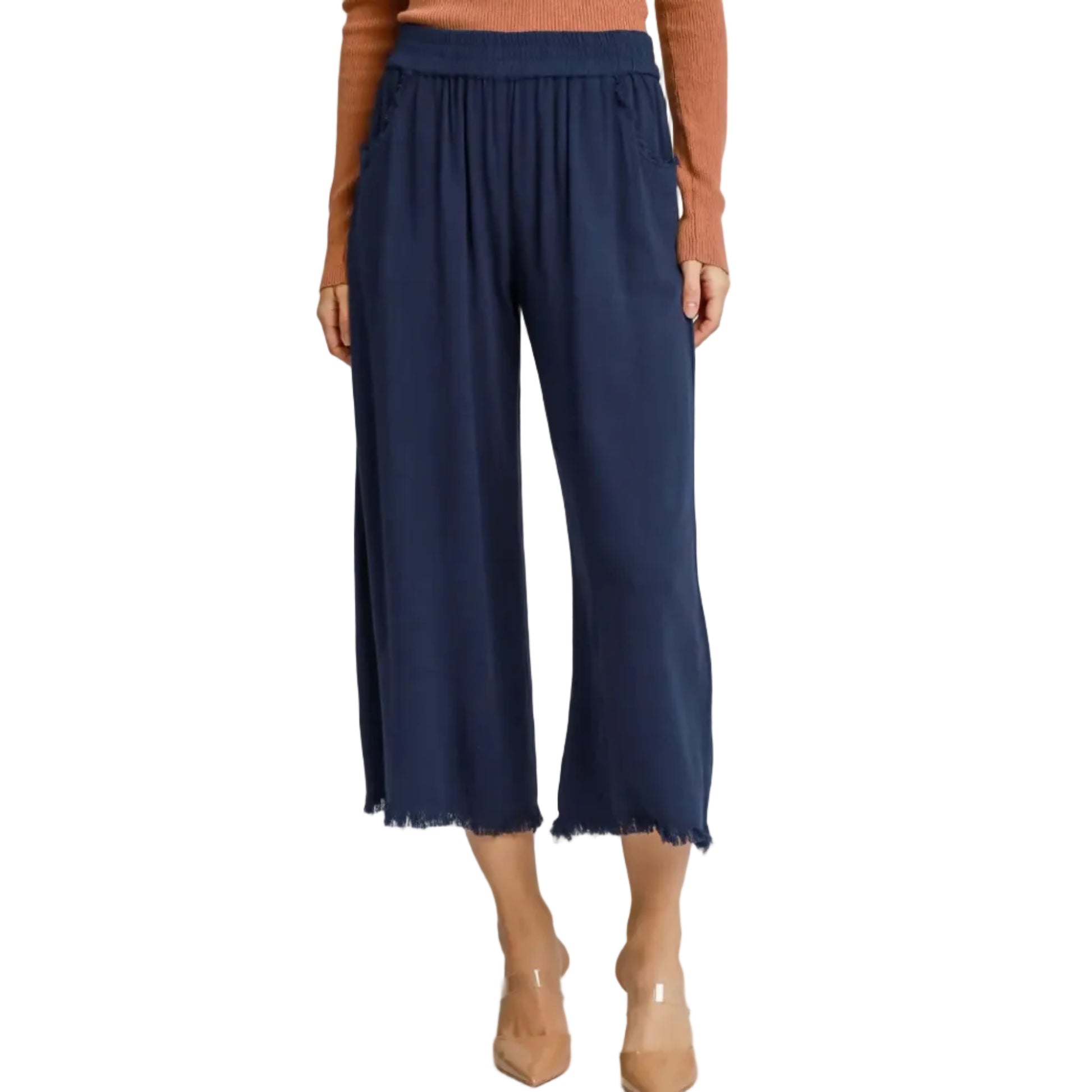 Frayed Hem Wide-Leg Pants - Navy