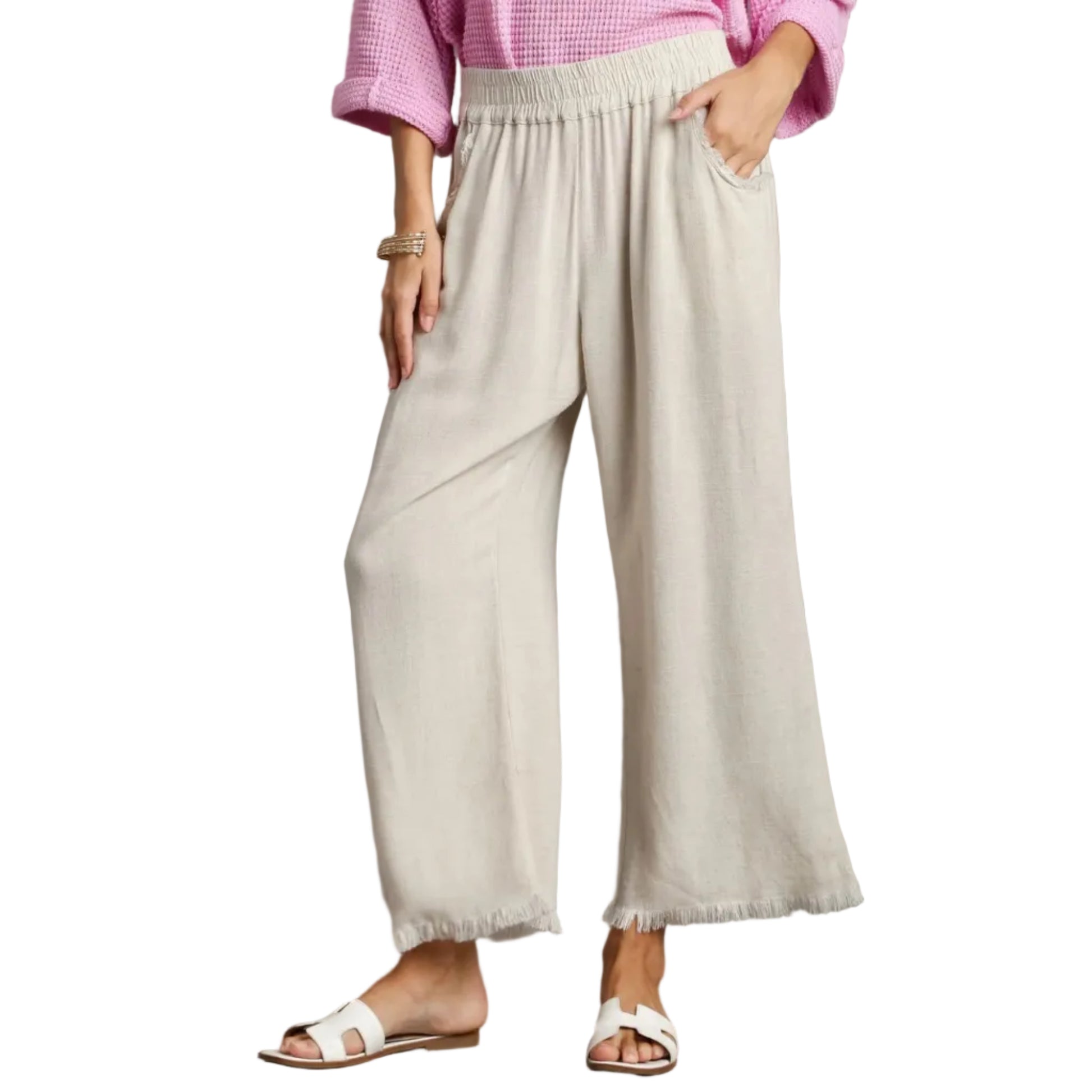 Frayed Hem Wide-Leg Pants - Oatmeal