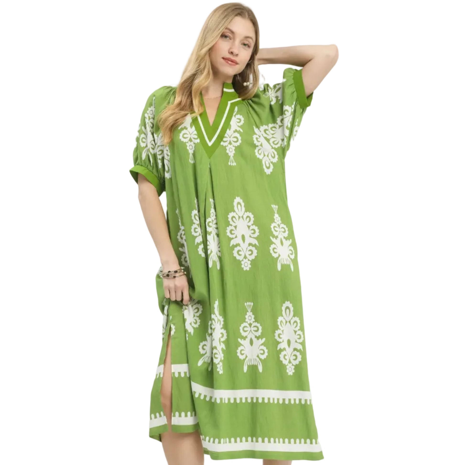 Two Tone Border Print Midi Dress - Green
