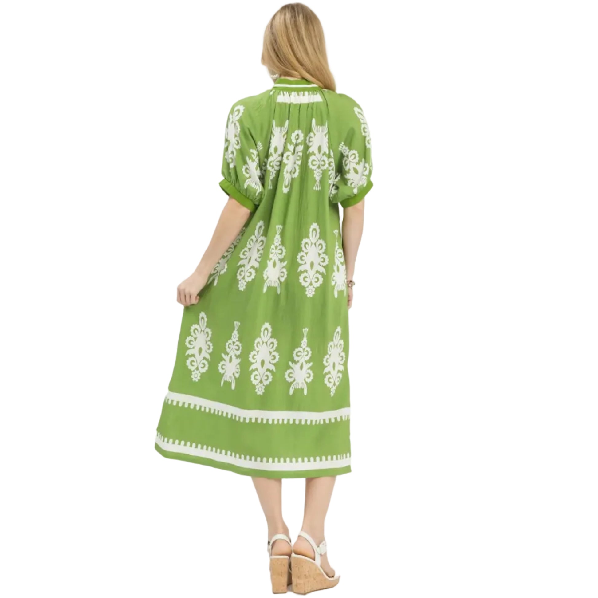 Two Tone Border Print Midi Dress - Green