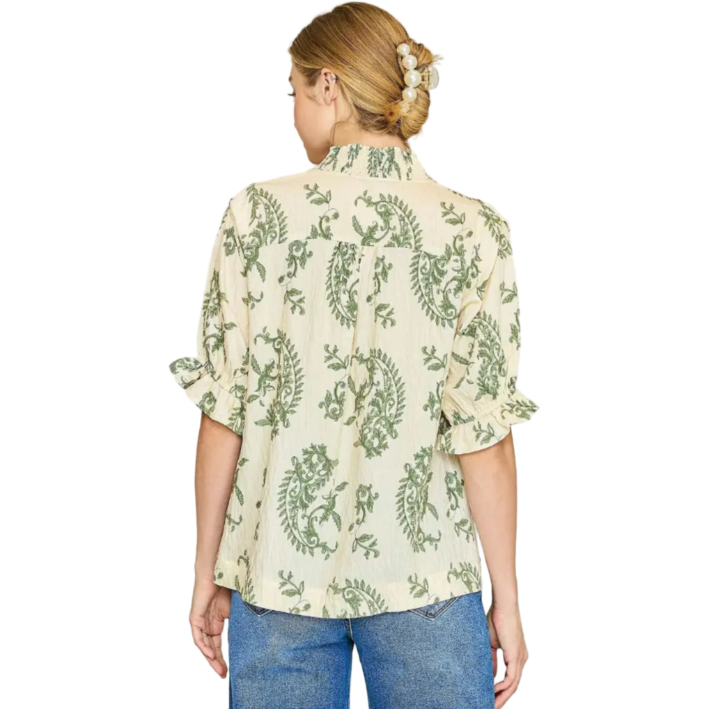 Willow Vine Ruffle Trim Blouse - Green Mix